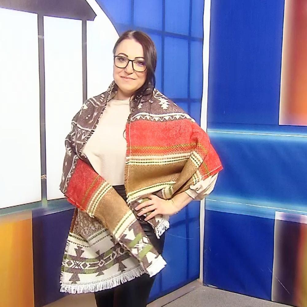 Eșarfă-Șal din lână, 190 cm x 53 cm, Crem și Maro, Model Aztec - Bijuterii TV