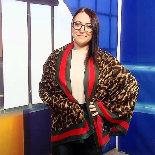 Eșarfă-Șal, 90 cm x 180 cm, Model Leopard cu Margini Verzi și Roșii - Bijuterii TV