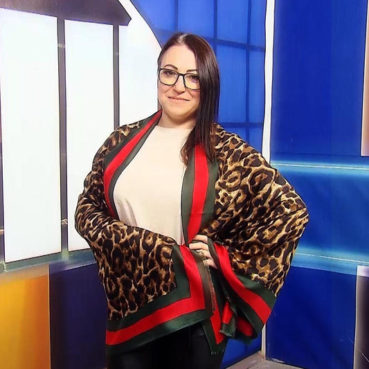 Eșarfă-Șal, 90 cm x 180 cm, Model Leopard cu Margini Verzi și Roșii - Bijuterii TV