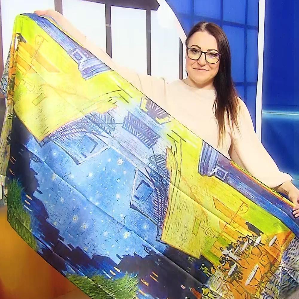 Eșarfă-Șal de Mătase, 70 cm x 180 cm, Model Van Gogh - Cafe Terrace At Night - Bijuterii TV