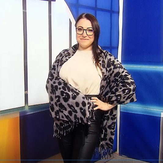 Eșarfă-Șal din Lână, 65 cm x 180 cm, Model Leopard, Gri - Bijuterii TV