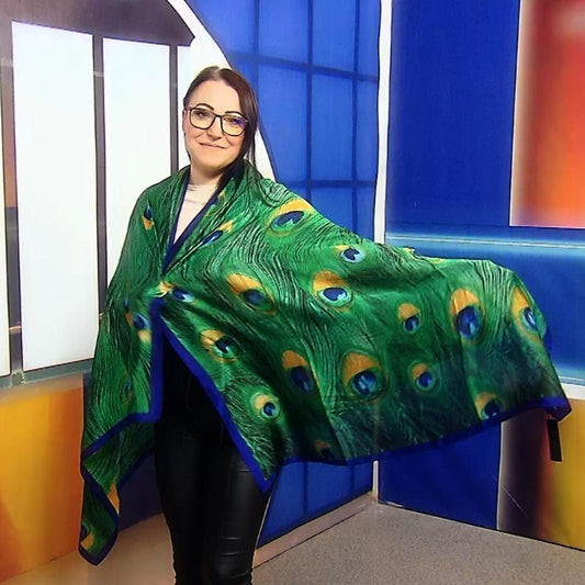 Eșarfă-Șal de mătase, 90 cm x 180 cm, Verde, Model cu Pene de Păun - Bijuterii TV