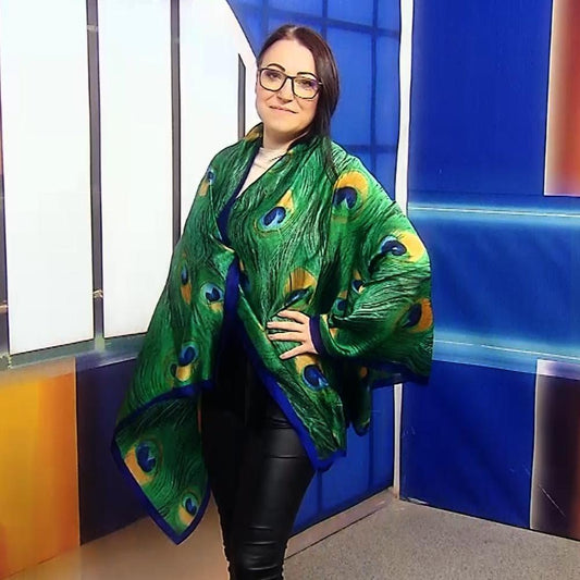 Eșarfă-Șal de mătase, 90 cm x 180 cm, Verde, Model cu Pene de Păun - Bijuterii TV