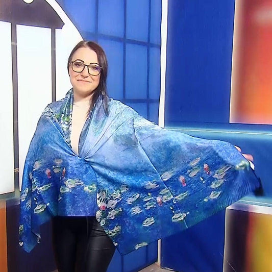 Eșarfă-Șal de Mătase, 70 cm x 180 cm, Model Claude Monet - Water Lilies - Bijuterii TV
