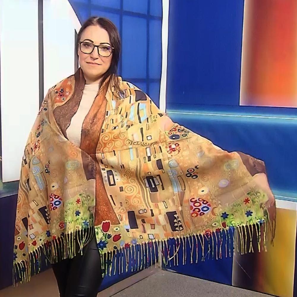 Eșarfă-Șal din Lână, 70 cm x 180 cm, Model Pictură Klimt - The Kiss - Bijuterii TV