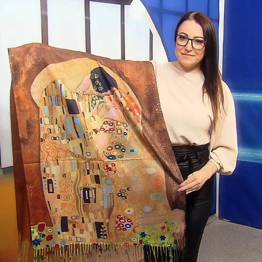 Eșarfă-Șal din Lână, 70 cm x 180 cm, Model Pictură Klimt - The Kiss - Bijuterii TV