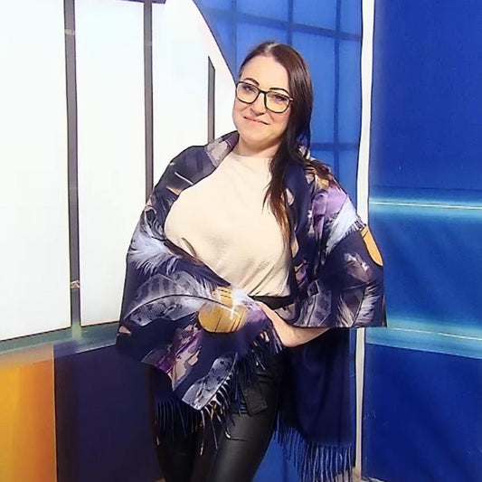 Eșarfă-Șal din Lână, 70 cm x 180 cm, Model cu Pene, Albastru Închis - Bijuterii TV