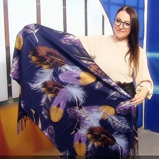 Eșarfă-Șal din Lână, 70 cm x 180 cm, Model cu Pene, Albastru Închis - Bijuterii TV