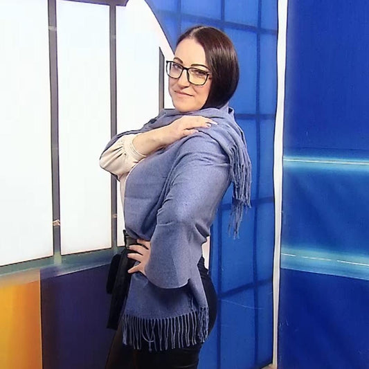 Eșarfă-Șal 100% Cașmir Pashmina Autentic, 70 cm x 170 cm, Albastru Denim - Bijuterii TV