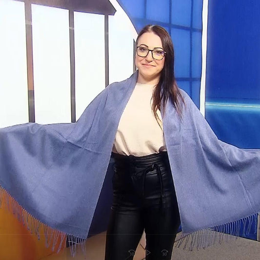 Eșarfă-Șal 100% Cașmir Pashmina Autentic, 70 cm x 170 cm, Albastru Denim - Bijuterii TV