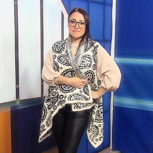 Poncho Tricotat, 80 cm x 130 cm, Alb și Negru