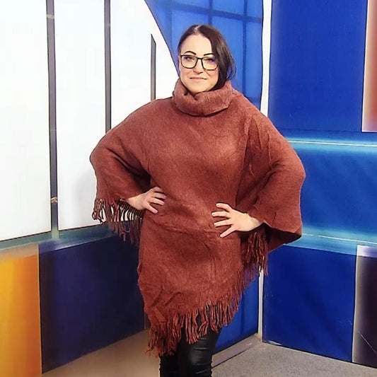 Poncho Tricotat cu Guler Înalt, 50 cm x 70 cm x 335 cm, Maro Ruginiu