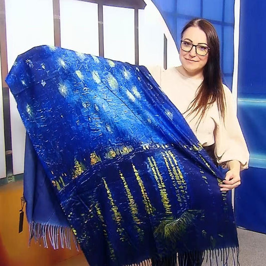 Eșarfă-Șal din Lână, 70 cm x 180 cm, Model Pictură Van Gogh - Starry Over The Rhone - Bijuterii TV