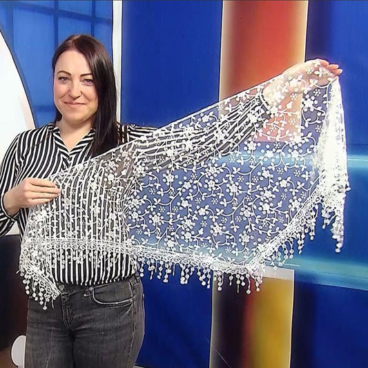 Eșarfă-Șal Triunghiulară 45 cm x 45 cm x 170 cm cu Model Floral Lucios ,Albă - Bijuterii TV