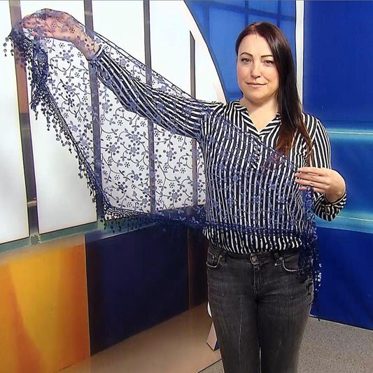 Eșarfă-Șal Triunghiulară 45 cm x 45 cm x 170 cm cu Model Floral Lucios, Albastru Navy - Bijuterii TV