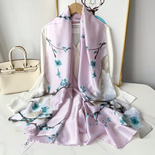 Eșarfă de Mătase, 90 cm x 180 cm, model cu flori de prun înflorit, Roz, 100% mătase