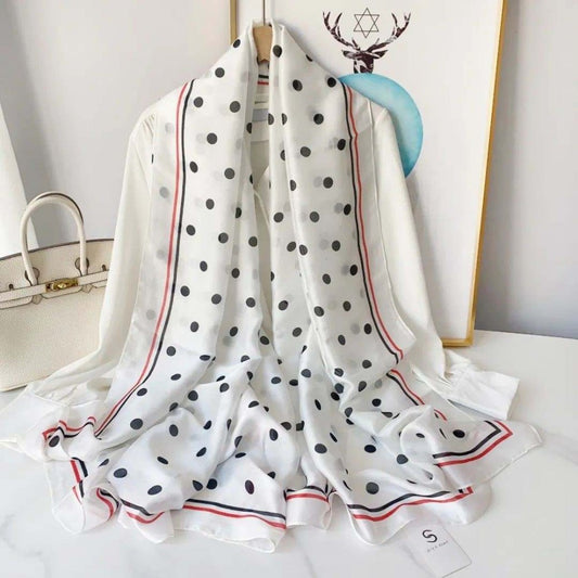 Eșarfă de Mătase, 90 cm x 180 cm, model la modă cu buline, alb, 100% mătase