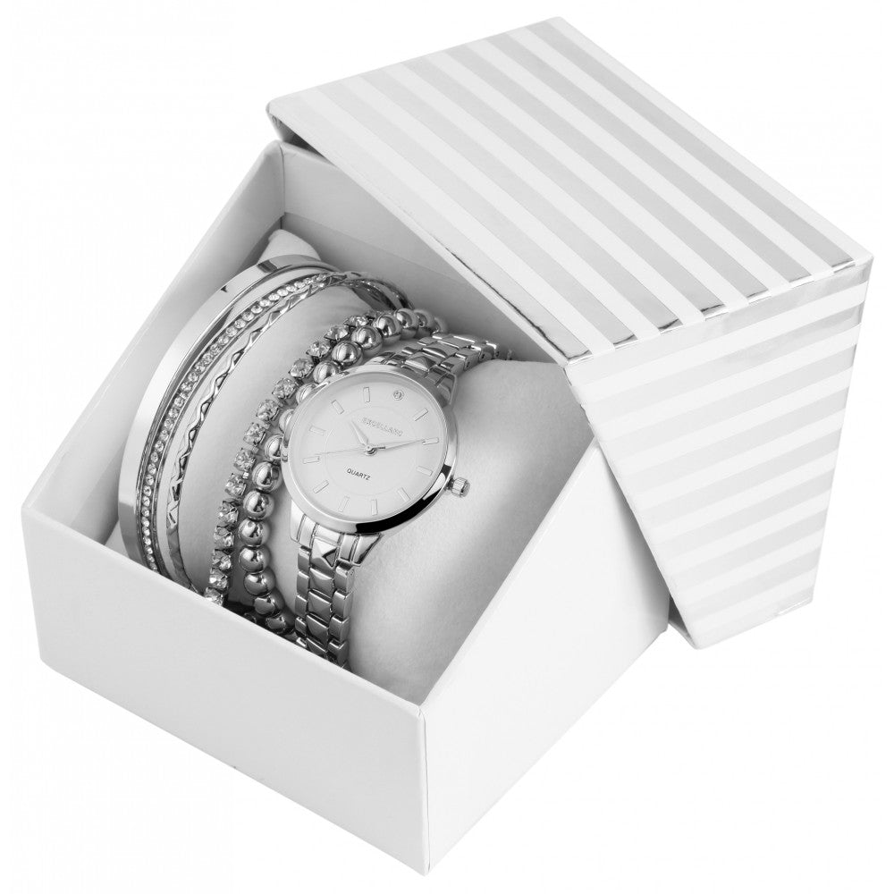 Set cadou cu ceas Excellanc: ceas de Damă + 2 brățări, ton argintiu EX0423, culoare argintie, mecanism Quartz de calitate superioară, cadran argintiu