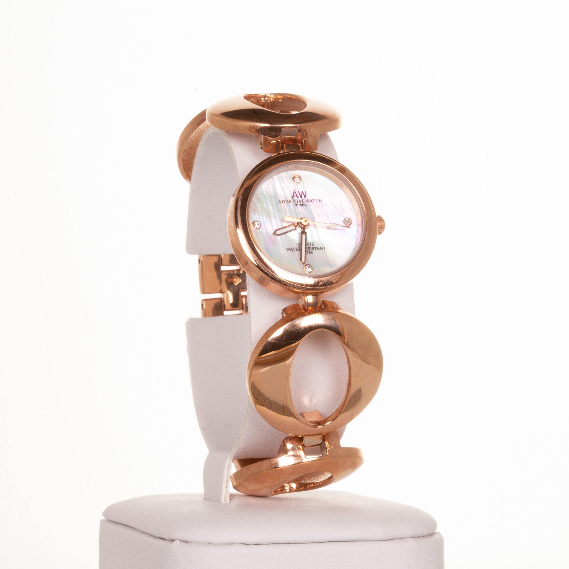 Ceas din aliaj de Culoare Roz-Aurie AW de damă, curea de simboluri infinite și 4 cristale de cuarț - Bijuterii TV