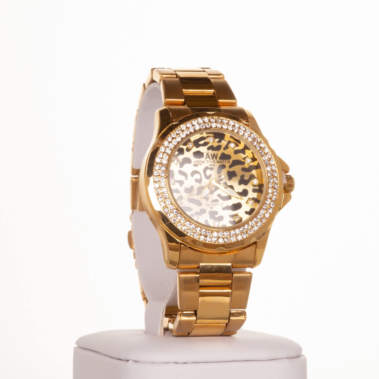 Ceas din Aliaj de culoare Aurie AW de damă cu cadran leopard și cristale de cuarț - Bijuterii TV