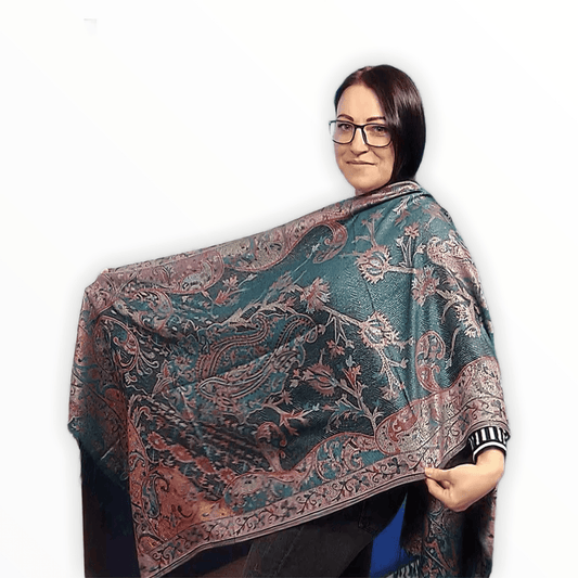 Eșarfă-Șal 100% Cașmir Pashmina Autentic, 70 cm x 180 cm, Teal Lucios - Bijuterii TV