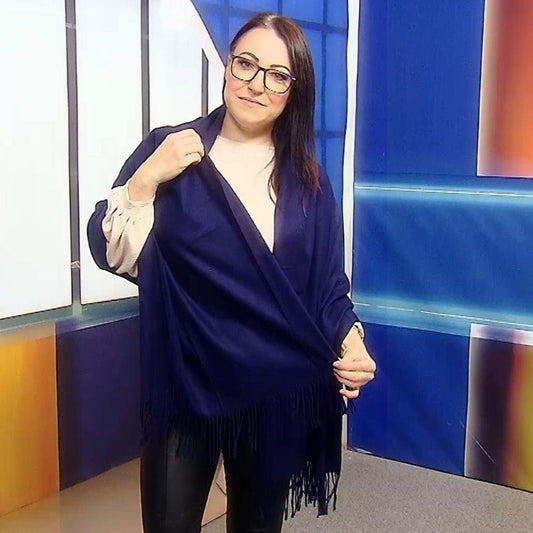 Eșarfă-Șal 100% Cașmir Pashmina Autentic, 70 cm x 170 cm, Albastru Închis Navy - Bijuterii TV