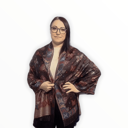 Eșarfă-Șal 100% Cașmir Pashmina Autentic, 70 cm x 170 cm, Model Fluture Negru Lucios - Bijuterii TV