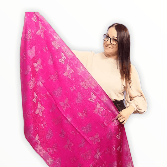Eșarfă-Șal 100% Cașmir Pashmina Autentic, 70 cm x 170 cm, Model Fluture, Roz Lucios Fucsia - Bijuterii TV