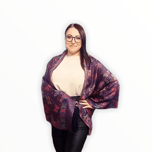 Eșarfă-Șal 100% Cașmir Pashmina Autentic, 70 cm x 170 cm, Model Fluture, Albastru Închis Navy Lucios - Bijuterii TV