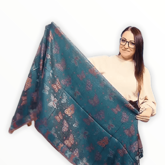 Eșarfă-Șal 100% Cașmir Pashmina Autentic, 70 cm x 170 cm, Teal Lucios cu Model Fluture - Bijuterii TV