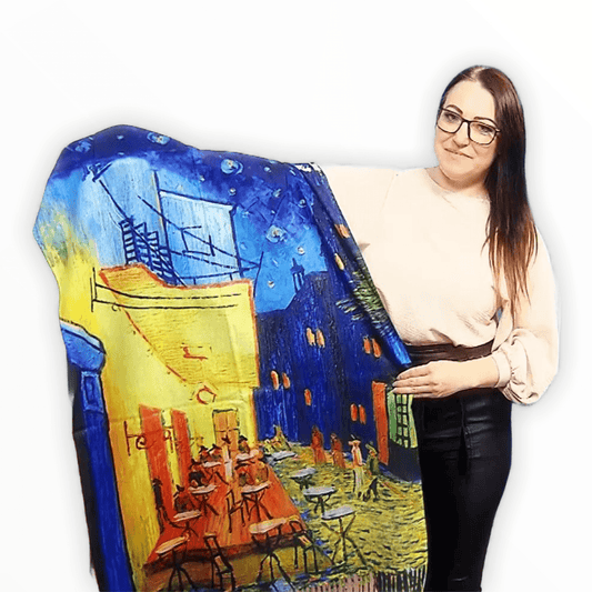 Eșarfă-Șal din Lână, 70 cm x 180 cm, Model Pictură  Van Gogh - Cafe Terrace At Night - Bijuterii TV