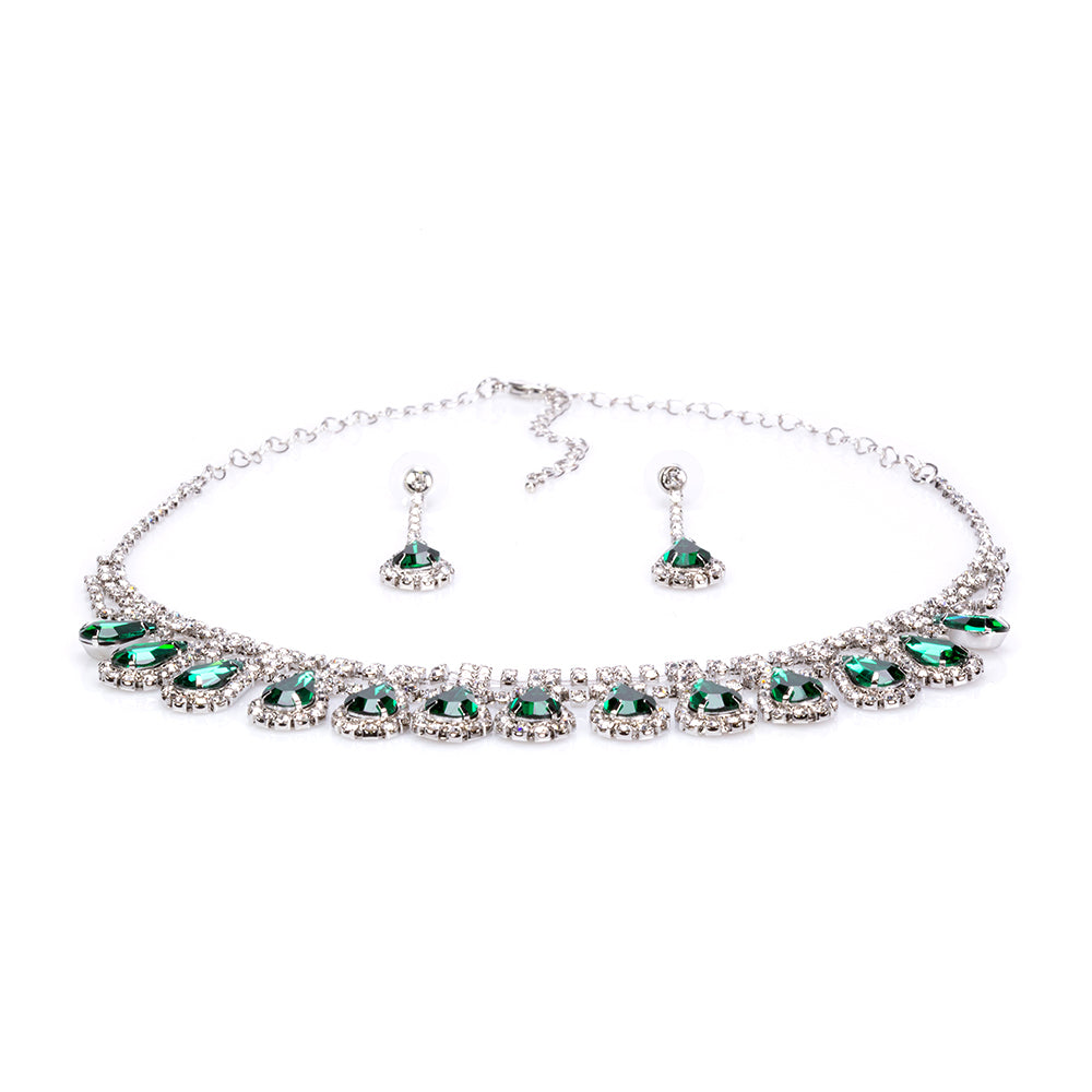 Set din Aliaj Placat cu Aur Alb cu Cristal Verde Emporia® ( Colier+Cercei )