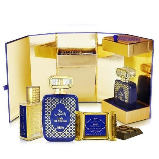 50 ml Eau de Parfum + 20 ml Ulei de parfum + 40 g Bakhoor CADOU Hala Bil Khamis cu Arome Lemnoase-Condimentat-Florale pentru Femei și Bărbați - Bijuterii TV