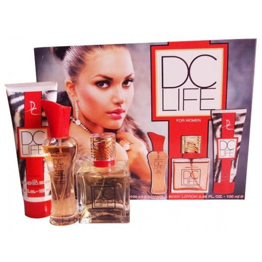 SET CADOU cu 100 ml + 30 ml EDT DC LIFE cu Arome Dulci Fructat-Florale pentru Femei + 100 ml Loțiune de corp