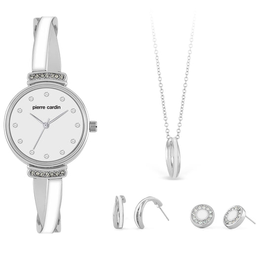 Set de 4 piese Pierre Cardin cu Ceas, 2 perechi de Cercei și Colier