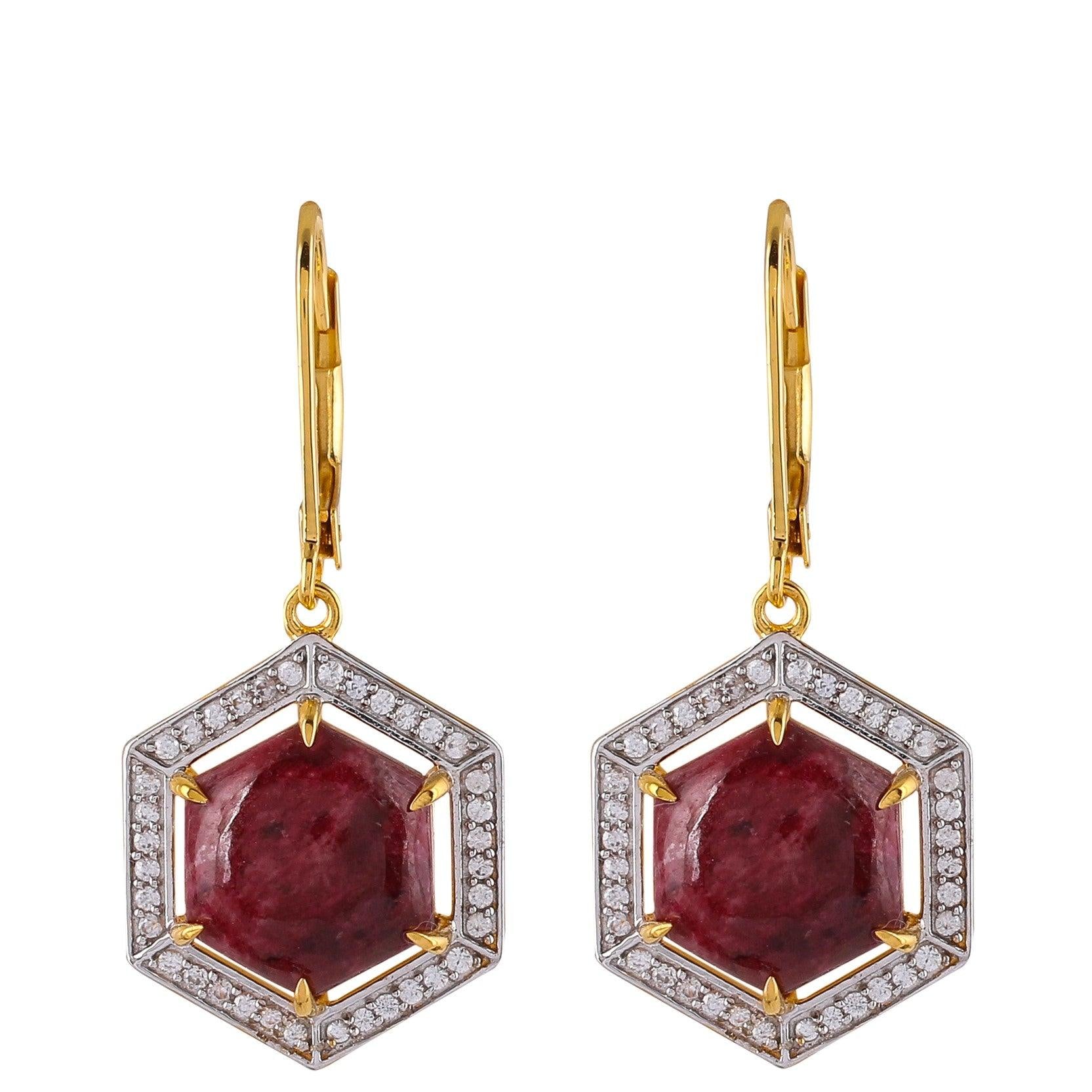 Cercei din Argint 925 Placat cu Aur ( 3.59 grame ) cu Thulit și Zircon Natural 11.35 Carate 1 Cercei din Argint Placat cu Aur cu Thulit și Zircon Natural - Bijuterii TV