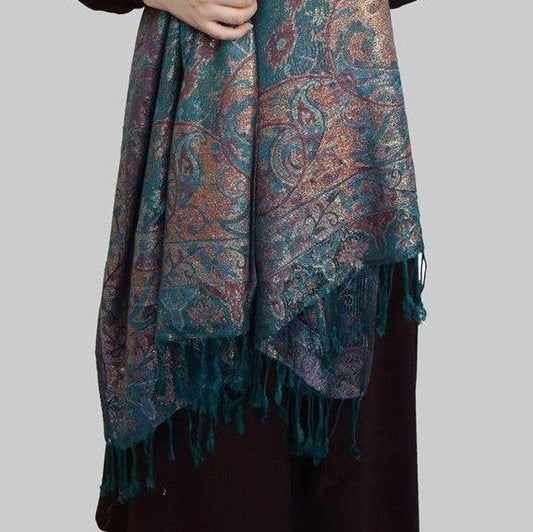 Eșarfă-Șal 100% Cașmir Pashmina Autentic, 70 cm x 180 cm, Teal Lucios - Bijuterii TV