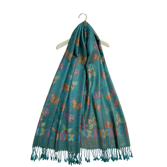 Eșarfă-Șal 100% Cașmir Pashmina Autentic, 70 cm x 170 cm, Teal Lucios cu Model Fluture - Bijuterii TV