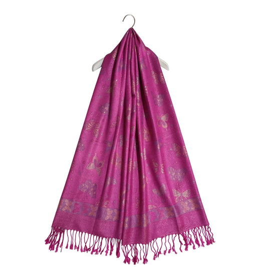 Eșarfă-Șal 100% Cașmir Pashmina Autentic, 70 cm x 170 cm, Model Fluture, Roz Lucios Fucsia - Bijuterii TV