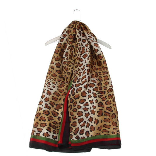 Eșarfă-Șal din Mătase 100% Autentică, 90cm x 180cm, Maro cu Model Leopard - Bijuterii TV