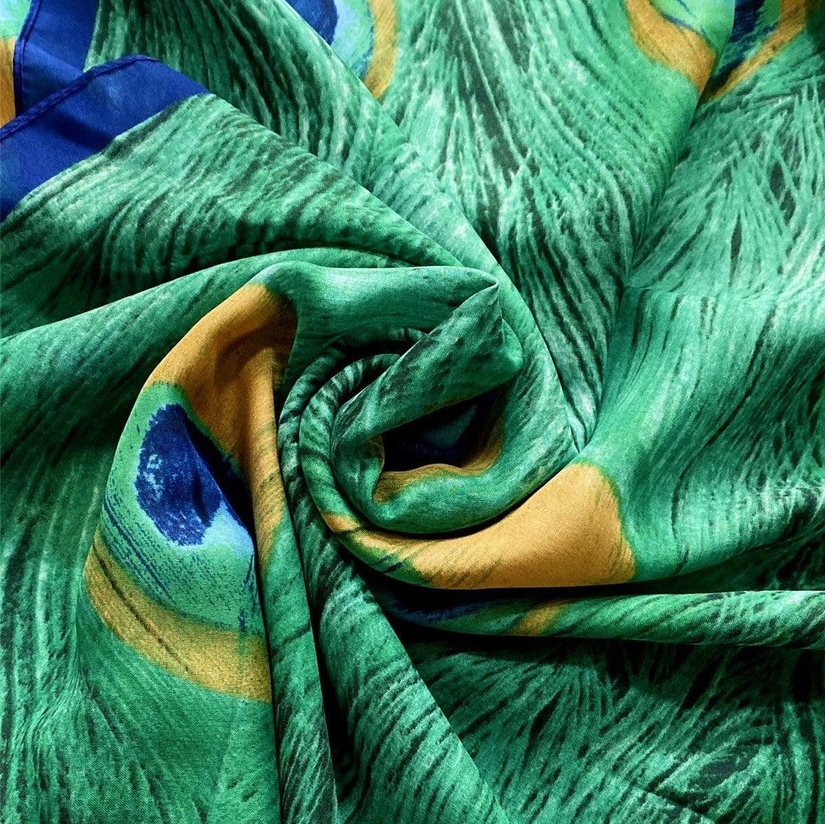 Eșarfă-Șal de mătase, 90 cm x 180 cm, Verde, Model cu Pene de Păun - Bijuterii TV