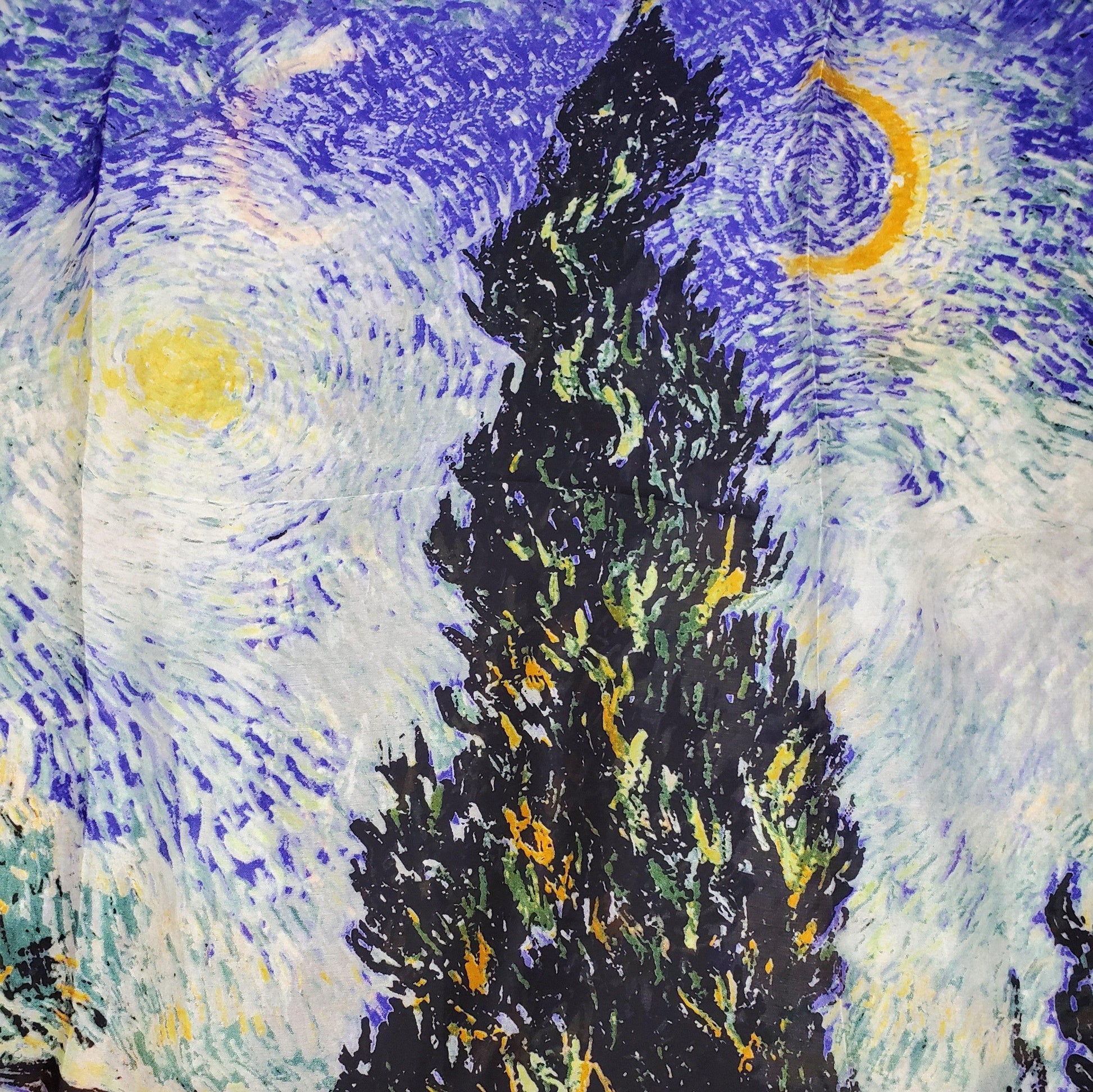 Eșarfă-Șal din Mătase 100% Autentică, 90cm x 180cm, Van Gogh - Cypress and Star - Bijuterii TV