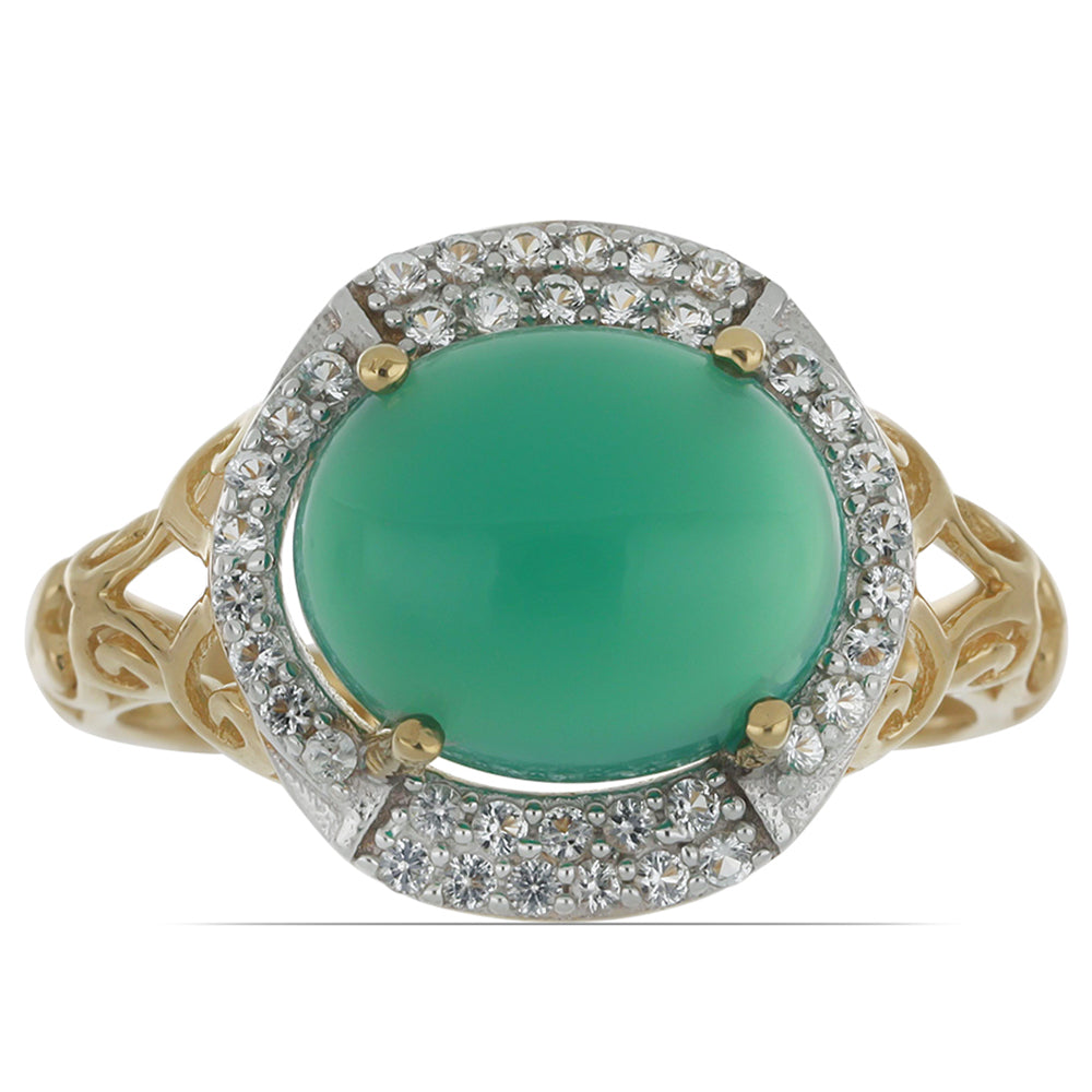 Inel din Argint 925 Placat cu Aur ( 3.38 grame ) cu Agată Verde și Topaz Alb 4.96 Carate