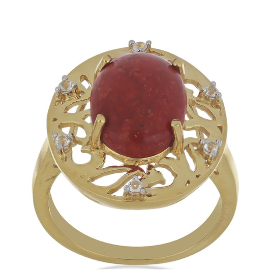 Inel din Argint 925 Placat cu Aur ( 4.25 grame ) cu Coral Roșu Burete și Topaz Alb 4.42 Carate