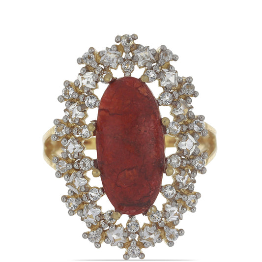 Inel din Argint 925 Placat cu Aur ( 4.65 grame ) cu Coral Roșu Burete și Topaz Alb 5.32 Carate