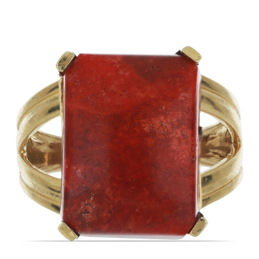 Inel din Argint 925 Placat cu Aur ( 4.28 grame ) cu Coral Roșu Burete 6.49 Carate