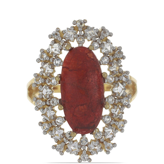 Inel din Argint 925 Placat cu Aur ( 4.95 grame ) cu Coral Roșu Burete și Topaz Alb 4.98 Carate