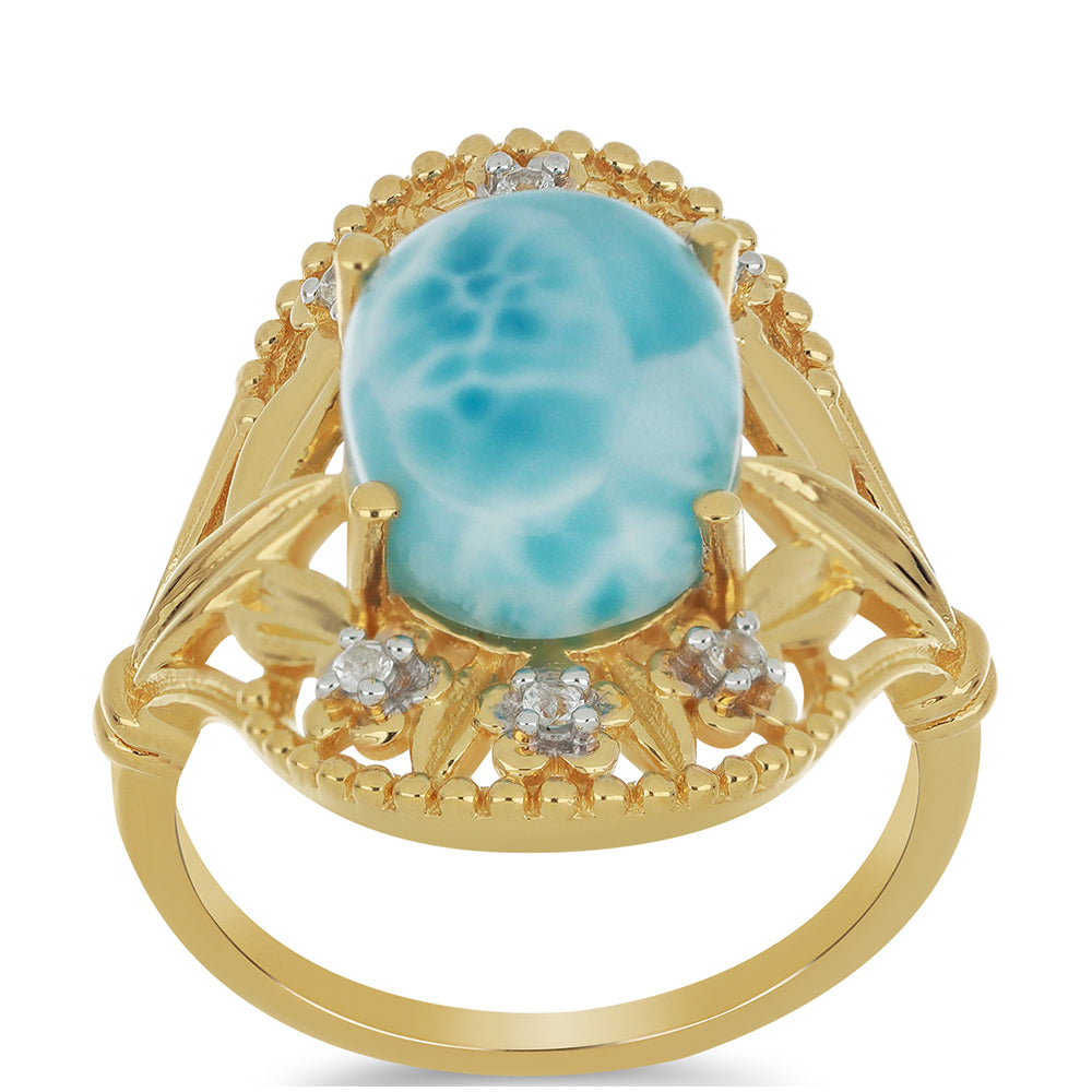 Inel din Argint 925 Placat cu Aur ( 4.44 grame ) cu Larimar(Piatra delfinului) și Topaz Alb 6.63 Carate