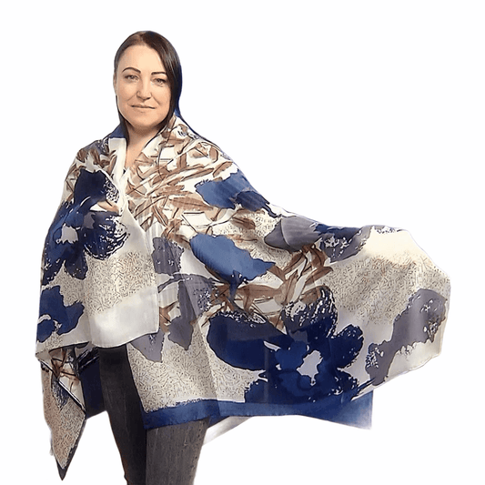 Eșarfă-Șal din Mătase 100% Autentică, 90 cm x 180 cm, Model Floral și Texturi Antice - Bijuterii TV