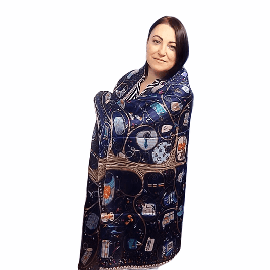 Eșarfă-Șal 100% din Mătase 100% Autentică , 90 cm x 180 cm, cu Model Elegant, Bleumarin - Bijuterii TV